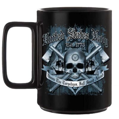 US Navy Damn The Torpedoes Full Speed Ahead Veteran Black 15 oz Ceramic Custom Coffee Mug
