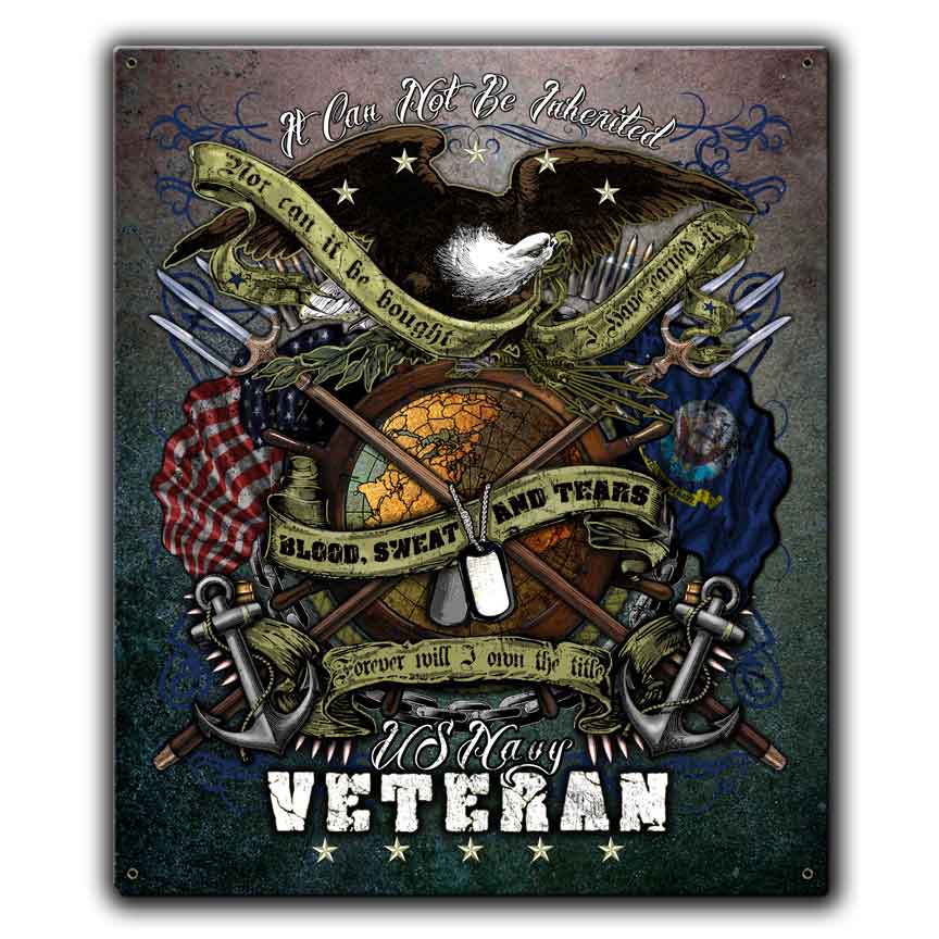 US Navy Veteran It Cannot Be Inherited Custom 12 x 15 Vintage Sign