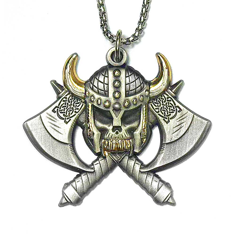 Viking Skull and Double Celtic Hatchets Gold and Sterling Silver Necklace Jewelry with