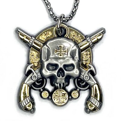 Spanish Pirate Skull Crossed Pistols Aztec Gold Necklace with Chain