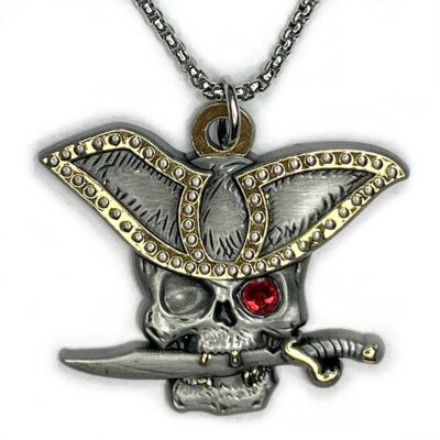Jewel Eyed Pirate Captain Skull with Dagger Gold and Silver Necklace with Chain
