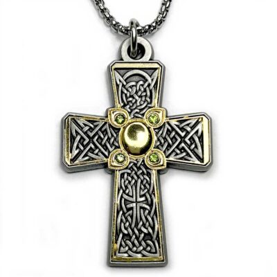 Celtic Cross 24k Gold and Sterling Silver with Green Peridot Gemstones Necklace with Chain