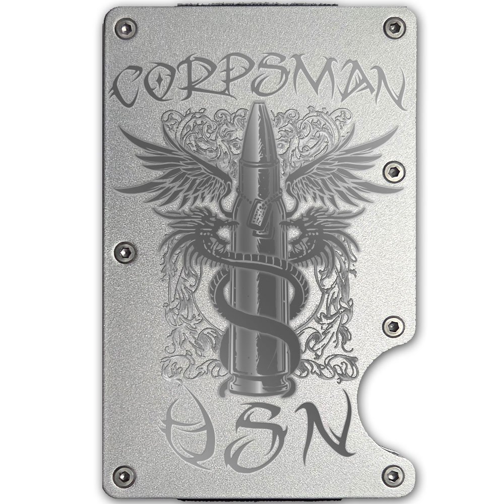 USN Corpsman Tribal Caduceus Laser Engraved Metal-Plate Cardholder Navy Men's Wallet