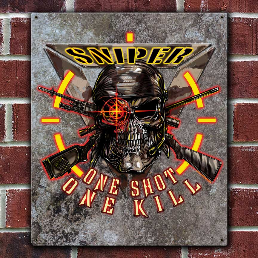 Sniper One Shot One Kill Hot Shot Military Veteran Custom 12 x 15 Inch Vintage Sign